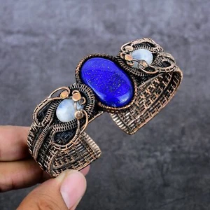 Natural Lapis Lazuli, Moonstone Copper Wire Wrap Cuff Bangle Adjustable Gift H52 - Picture 1 of 9