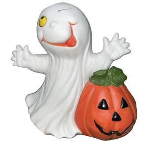 Halloween Figurine Pumpkin Happy Ghost Smiling Spooky Ceramic White Orange 5" t - Picture 1 of 9