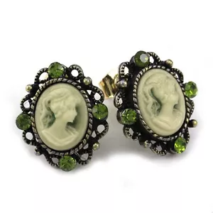 Dark Green Romantic Cameo Stud Post Pierced Earrings Antique Vintage Style o1 - Picture 1 of 1