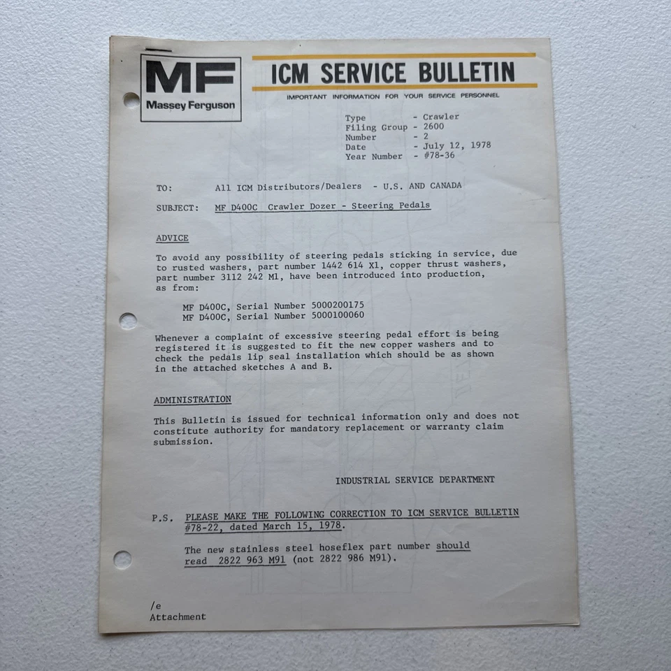 1978 Massey Ferguson MF D400C Crawler Dozer Steering Pedal ICM Service Bulletin - Image 1 of 4