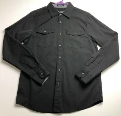 Camisa masculina Eighth Avenue com botões pequena S preta manga longa textura dois bolsos - Imagem 1 de 4