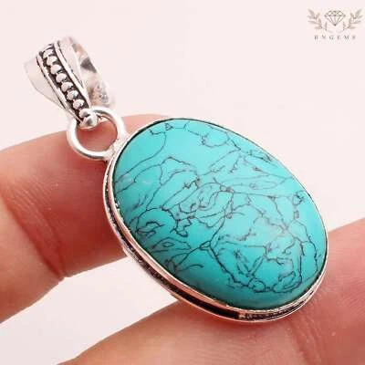 Turchese Gemma 925 Ciondolo Placcato Argento Handmade Gioielli Regalo 3.4cm - Immagine 1 di 3