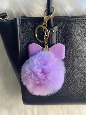 Purple Pom Pom Bag Charm Keychain Fluffy Car Key Fob New Kawaii Birthday Gift - Image 1 of 2