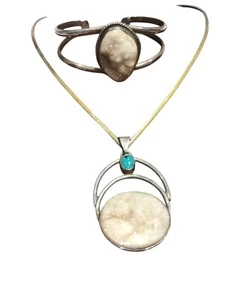 Sterling Silber Druzy Edelstein mit Türkis Halsreif Halskette und Armreif Armband - Bild 1 von 6