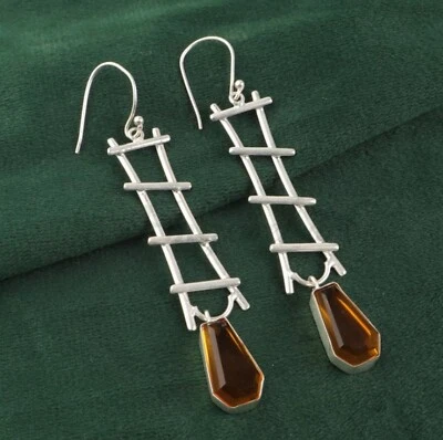 Citrine Coffin Gemstone 925 Silver Handmade Dangle Women Earrings Jewelry M021 - Image 1 of 3