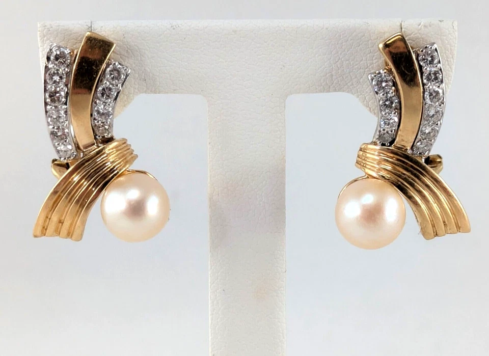 14K Two Tone Yellow and White Gold Approx .50 Ct Diamond and 8mm Pearl Earrings - Image 1 of 4