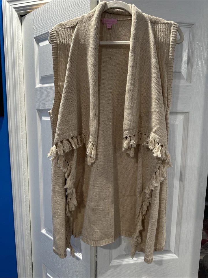 Женский свитер жилет Lilly Pulitzer Abbott бежевый хаки бахрома кисточки металлик L - Изображение 1 из 4