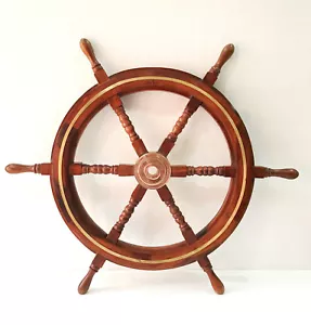 Rueda de dirección náutica de madera marina de 30" decoración de pared para el hogar ~ anillo de latón - Imagen 1 de 5
