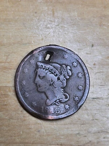 1843 Large Cent,  Large Letters, Braided Hair, Square Nail Post Mint Damage - Picture 1 of 2