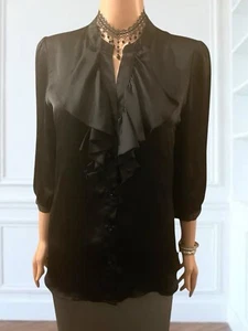 Vintage Y2K Black Blouse Goth Satin Ruffle Jabot Collar Basque Shirt Size M - Picture 1 of 5