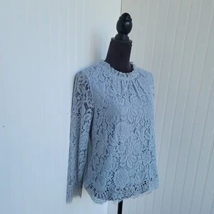 NWT Allegra K Long Sleeve Shirt Mock Neck Floral Lace Top Blue Zip Back Sz M - Picture 1 of 10