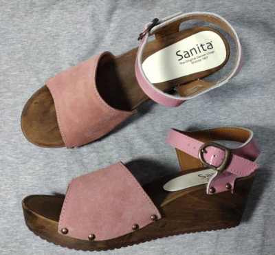 Sandalia Sanita Edel Wedge Flex Rosa Gamuza y Charol Para Mujer 9.5 Nueva en Caja Años 80 Foto 1 de 4