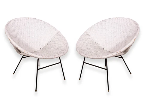 Mid Century Modern Pair of White Scoop Rattan Chairs Cover