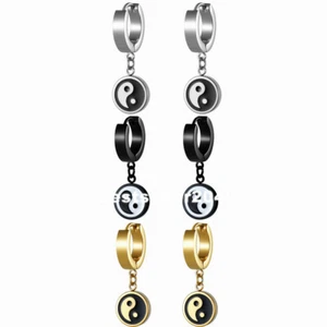 2pcs Men Women Yin Yang BAGUA Dangle Hoop Earrings Stainless Steel Drop Piercing - Picture 1 of 29