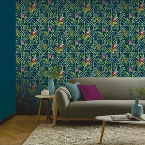 Navy Tropical Wallpaper Metallic Gold Green Birds Geometric Pattern Feature Wall - Picture 1 of 3