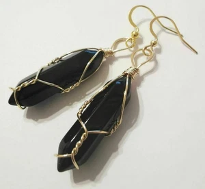 Black Onyx Crystal Point Gold Plated Wire Wrapped Artisan Earrings - Picture 1 of 2