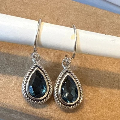 Natural LONDON BLUE TOPAZ Fish Hook Dangle Earrings Sterling Silver 925 - Image 1 of 4