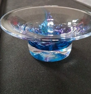 Portavelas Jerpoint Art Studio cuenco de vidrio soplado a mano azul claro púrpura remolino - Imagen 1 de 21