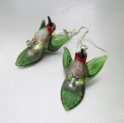Серьги из чистого серебра с кристаллами Swarovski с РУБИНОВЫМ ГОРЛОМ колибри художественное стекло - Изображение 1 из 4