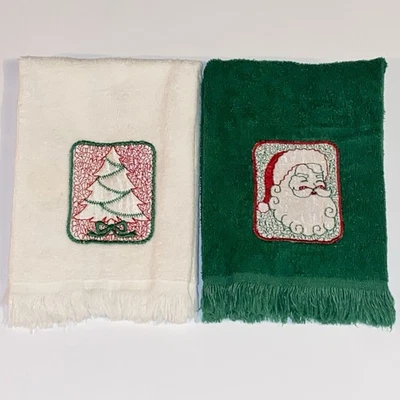 2 Vtg Fingertip Finger Towels Christmas White & Green - Santa & Tree Embroidery - Image 1 of 4