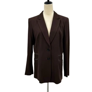 Lafayette 148 New York 12 Dark Brown 100% Wool Leather Trim Blazer Career Jacket - Picture 1 of 13