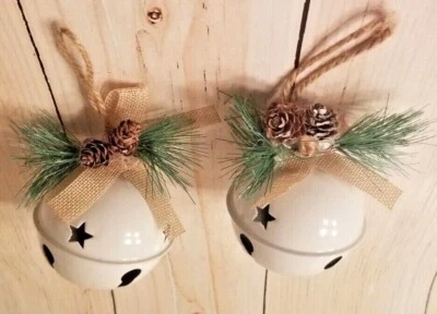 Jingle Bell Hanging Ornaments White Metal Pine Cone Sprig Accents Classic Decor - Image 1 of 4