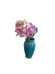 Handcrafted Turquoise Ceramic Vase Faux Pink Hydrangea Floral Arrangement - Picture 1 of 6