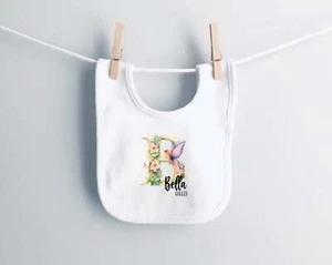 Personalised Baby Bib Gift Watercolour Initial Letter Design with Name And Date - Picture 1 of 5