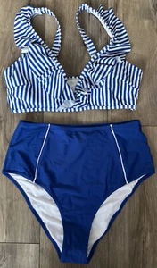 Cupshe Blue Striped Bikini 2 Piece Women's Swimwear size L Gently Used No Liner - Picture 1 of 4