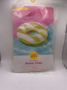 Sun Squad 31 inch Diameter Inflatable Swim Tube Green and White Stripes  - Picture 1 of 3