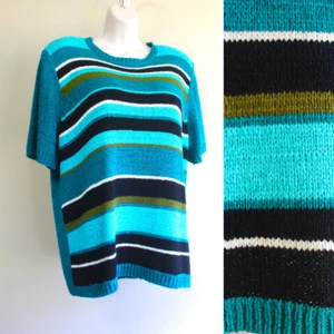 Alfred Dunner Sweater Womens XL PXL Teal Navy Olive Stripe S/S Nylon Acrylic - Picture 1 of 7