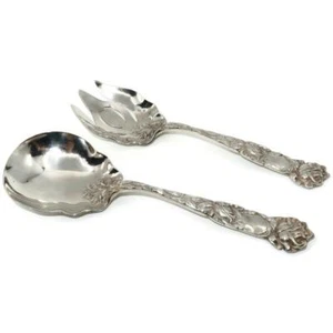 Antique BRIDAL ROSE 2 Pcs Fork Spoon Sterling Salad or Berry Serving Set, 8 3/4" - Picture 1 of 5