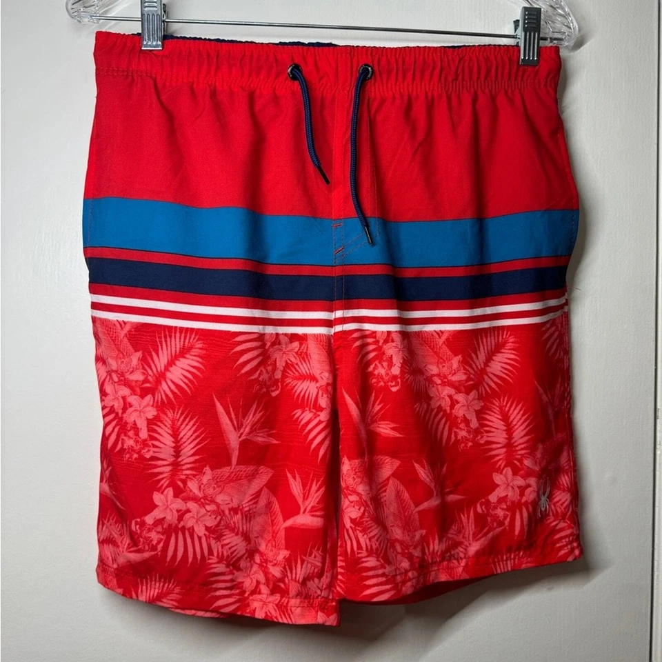 Spyder Boys Red Blue Striped Tropical Floral Drawstring Swim Shorts Size XL - Image 1 of 4