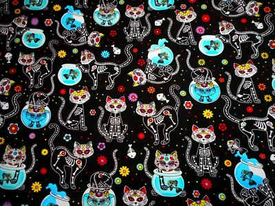 Cat Fabric  2/3+ Yard Cat Skull Skeleton Sugar Skull on Black Premium Cotton #C - Image 1 of 2