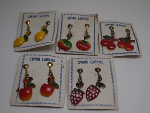 5pc Vintage Enamel Strawberry Apple Lemon Cherry Fruit Clip Earrings Korea Lot - Picture 1 of 5