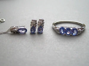 10 KT WHITE GOLD TANZANITE & DIAMOND RING, PENDANT & PIERCED EARRINGS SET - Picture 1 of 13