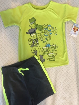 18 M Disney Pixar TOY STORY 2pc Green Dri FIT Alien Woody Buzz Shirt Shorts Boy - Image 1 of 4