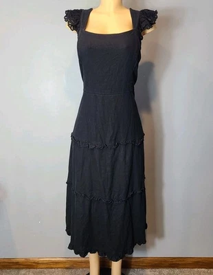 Платье миди женское Anne Klein черное льняное с оборками отделанное многоярусное размер 14 курортное - Изображение 1 из 4