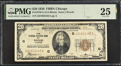 1929 $20 Federal Reserve Bank Note Chicago Fr. 1870-G Jones Woods PMG VF25 Ink - Image 1 of 2