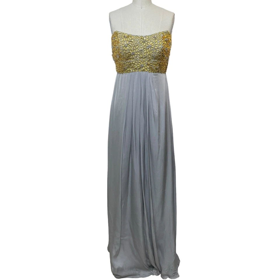 Nuevo con etiquetas Vestido Theia Couture Dorado y Gris Seda Formal Sin Tirantes Con Cuentas Talla 4 $995 Foto 1 de 4