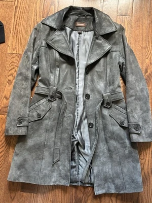 Gabardina de cuero gris acero vintage años 90 Danier gamuza XS pequeña 0 2 4 6 Y2K Foto 1 de 4