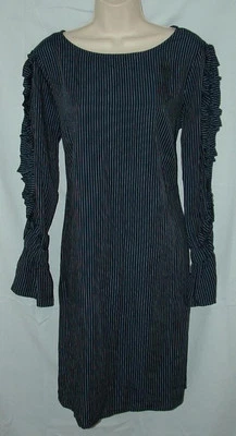 NUEVO NUEVO CON ETIQUETAS Vestido Azul Marino Rayas Talla 10 Volantes Manga Larga Hasta la Rodilla LUXOLOGÍA Foto 1 de 4