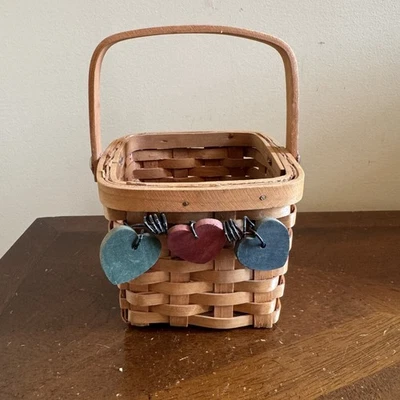 Small Woven Basket with Wooden Heart Accents Rustic Home Decor Cottagecore - Image 1 of 4