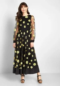 ModCloth Maxikleid schwarz-gelb Blumen Gänseblümchen Hippie Größe XL Netzärmel - Bild 1 von 9