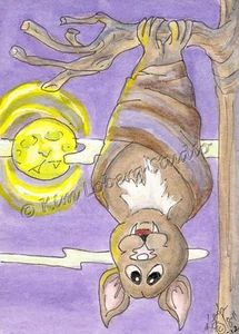 Crazy Bat gewickelt Flügel Aceo EBSQ Kim Loberg Halloween Mini Kunst Nacht Mond Baum - Bild 1 von 3