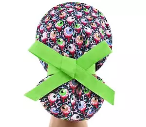Scrub caps, scrub hat, scrub cap eyes, nurse hat, ponytail scrub hat halloween - Picture 1 of 3