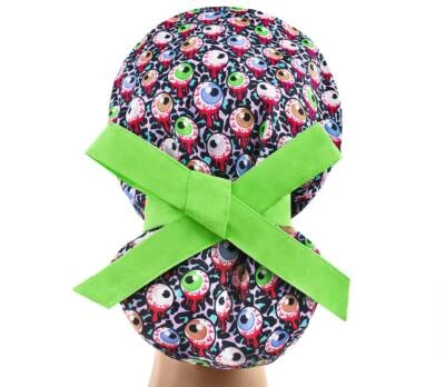 Scrub caps, scrub hat, scrub cap eyes, nurse hat, ponytail scrub hat halloween  - Image 1 of 3