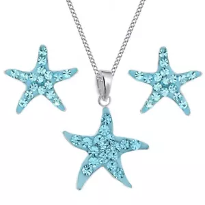 Mädchen Kinder Blau Kristall Seestern Ohrstecker Halskette 925 Silber Kette - Bild 1 von 5