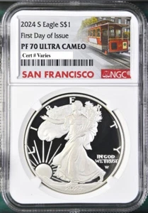 2024 s proof silver eagle ngc pf 70 uc first day of issue sf trolley label - Picture 1 of 2