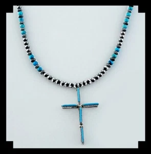 White Fox Creation: Dainty Zuni Cross on Sterling Navajo Pearl Chain - Picture 1 of 5